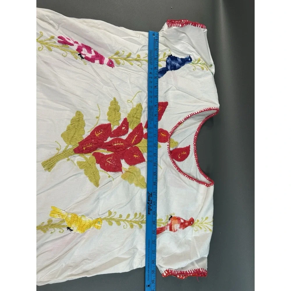 Hand Embroidered Mexican Bird Floral Tunic Blouse White Cotton Boho Folk Est Lg